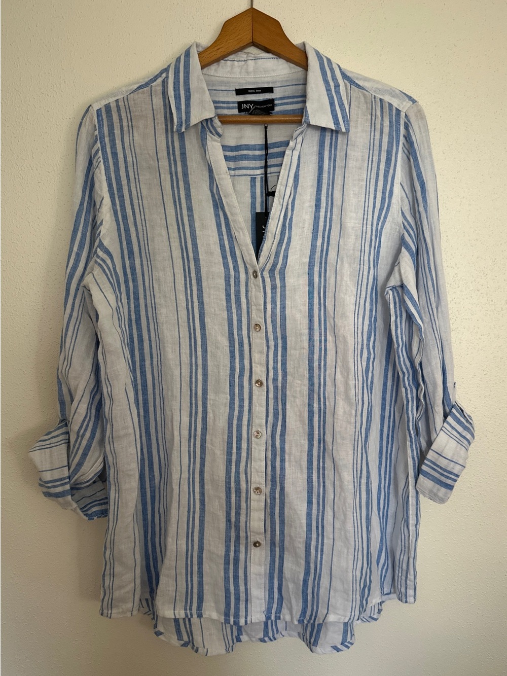 Jones New York White and Blue Striped Linen-Blend Button-Down Shirt